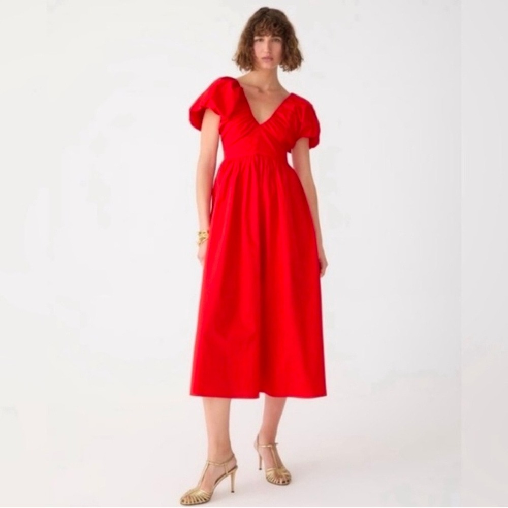 J.Crew Red Organic Cotton Puff Sleeve V-Neck Midi Dress BS807 Womens 12 FA23